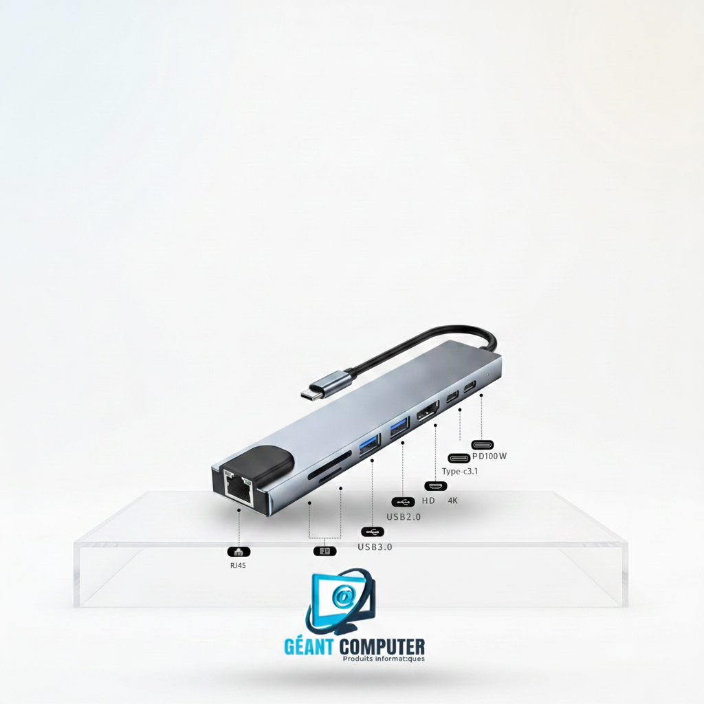 Adaptateur Type C 8 In 1 Port Reseau + Lecteur Carte + Usb 3.0*2 + Hdmi + Type C Data + Type C Power (IA)