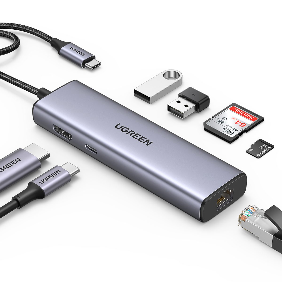 Mini Station d'accueil USB-C Ugreen 7en1 90568 Port Hdmi 4K + 2 Ports Usb + Port Rj45 + Port Usb C + Lecteur Carte