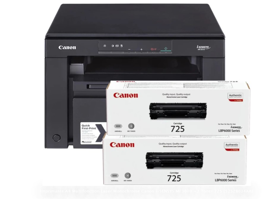 Imprimante Canon MF3010 A4 Multifonction Laser Monochrome +2 Toners 725 Original (5252B034AA) 