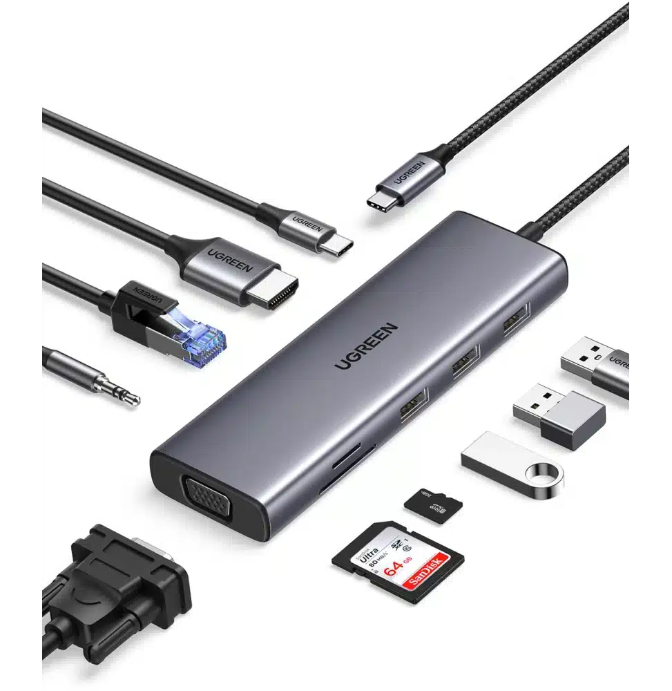 Mini Station d'accueil USB-C Ugreen 10en1 Avec Power Delivery 15601 Port Hdmi 4K + Port Vga + 3 Ports Usb + Port Rj45 + Lecteur de cartes SD/TF + Prise Audio 3,5 mm + Port Usb C