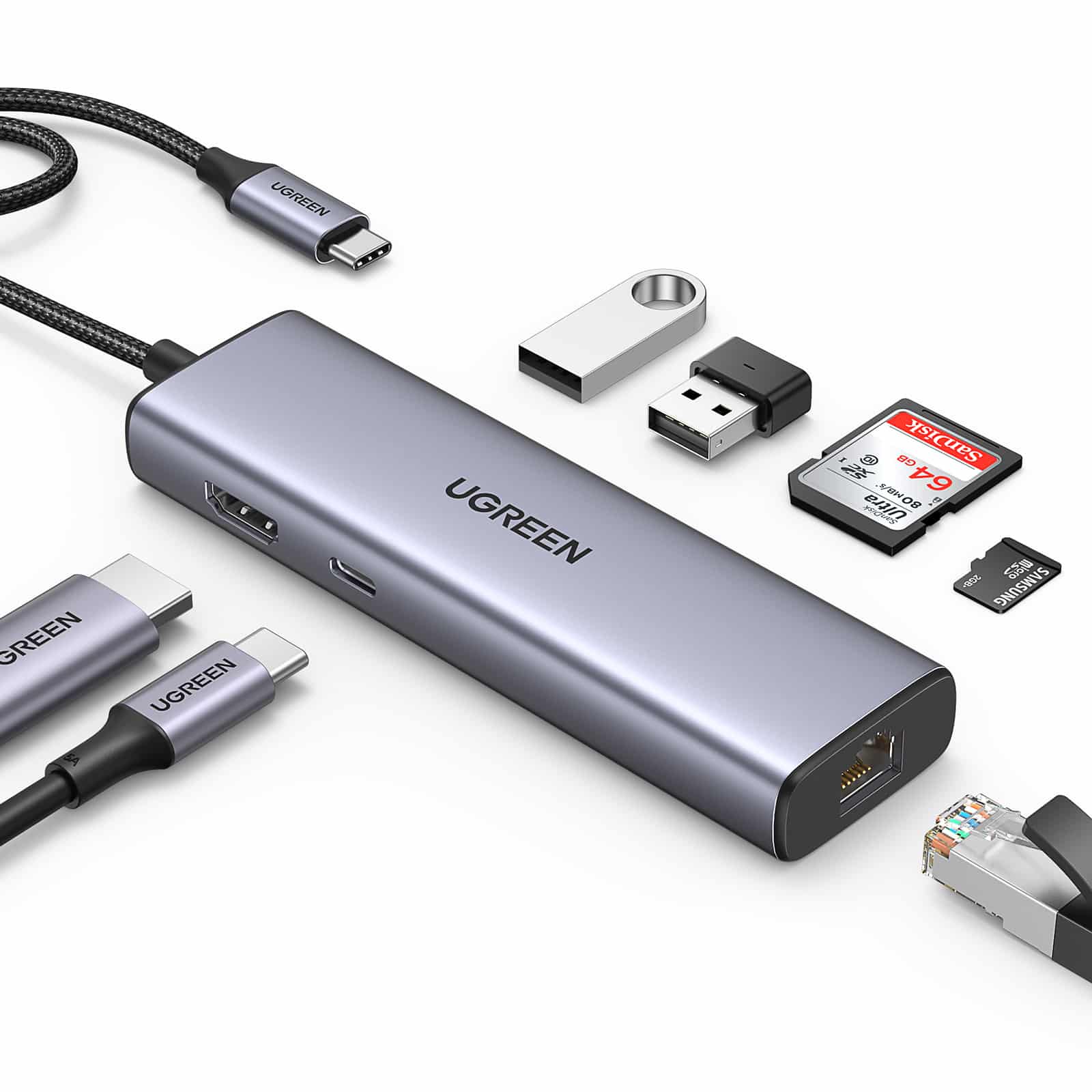 Mini Station d'accueil USB-C Ugreen 7en1 90568 Port Hdmi 4K + 2 Ports Usb + Port Rj45 + Port Usb C + Lecteur Carte