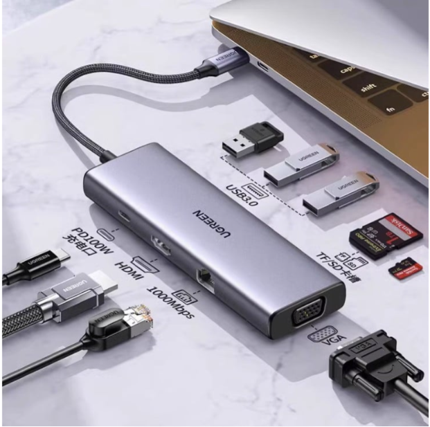 Mini Station d'accueil USB-C Ugreen 9en1 Avec Power Delivery 15600 Port Hdmi 4K + Port Vga + 3 Ports Usb + Port Rj45 + Lecteur de cartes SD/TF + Port Usb C